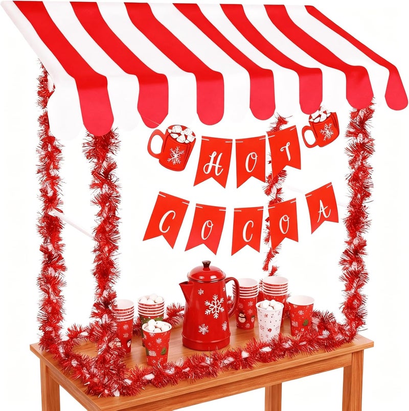Chunm Hot Cocoa Stand Bar Kit Hot Chocolate Bar with 1 Set Cocoa Stand 1 Red White Striped Sunshade Cloth 4 Red Tinsel 2 Banner Sign for Winter Christmas Holiday Party Supplies - Image 1